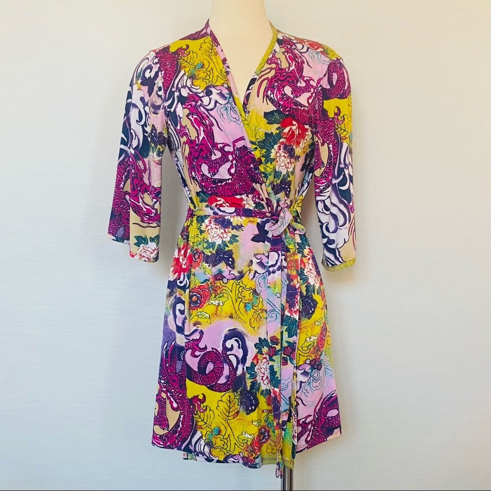 Josie Natori Dragon Printed Purple Silky Soft Short Kimono Wrap Dress